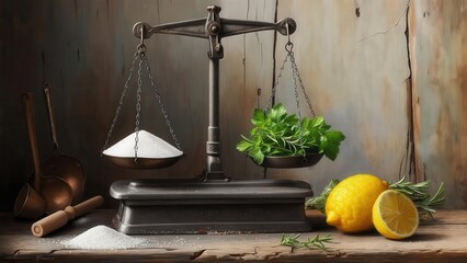 A vintage scale balances salt and fresh green herbs on a rustic wooden table with lemons on the side. Concept of healthy eating