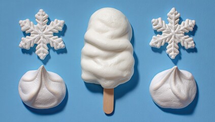 White dessert items arranged on a blue background.