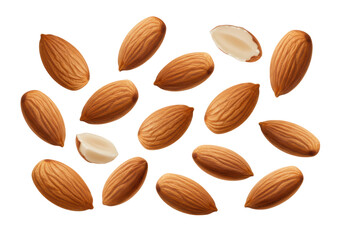 Multiple whole raw almonds, rich brown, textured, suspended mid-air against a pristine transparent background with copy space, no shadows, ultra-realistic UHD studio shot. Concept of natural food and