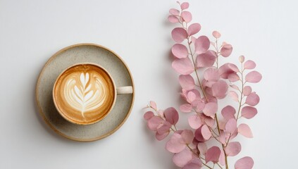 Latte art displayed in a cup, with dried pink leaves.