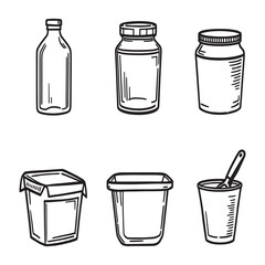 Vector line drawing of various plastic containers for design.eps