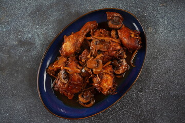 Deep fried chicken with mushrooms ,onions and  date syrup.