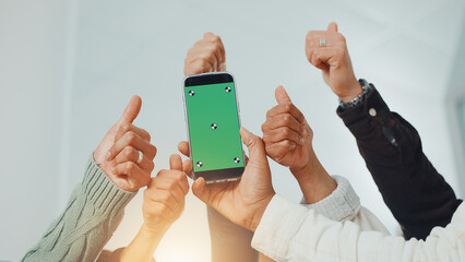 Business people, phone or hands with thumbs up for green screen, hiring application or space. Collaboration, office or mobile success for mission, display or staff vote for vacancy UX or job review
