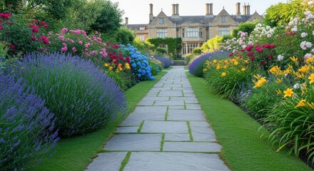 Obraz premium Stone path leads to estate; lush garden blooms with colorful flowers
