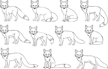 Naklejka premium cute playful fox illustrations collection clean line art silhouettes for nursery wall art craft decals and web design