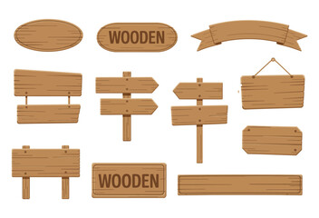 Fototapeta premium Wooden banners. Rustic signboards and direction boards wooden vector design template. panel plywood various illustration
