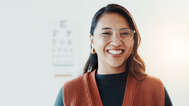 Smile, woman and glasses for vision, eye care and portrait for optometry with health in clinic. Prescription lens, frame choice and healthcare, eyewear and exam with wellness and medical service