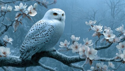 Snowy owl amidst winter blossoms.