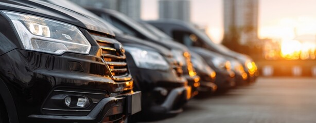 The lineup of modern black cars parked at sunset in the city.