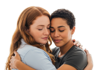 Two women embrace warmly, expressing comfort and support, cutout isolated on transparent bg, png