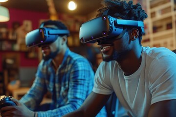 Naklejka premium Black African American male friends gaming together, wearing VR headsets, representing the collaborative nature of gaming within social circles, Generative AI
