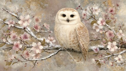Snowy owl perched amidst delicate pink blossoms.