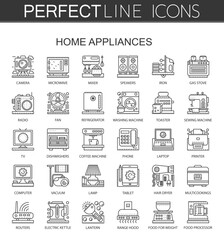 Perfect Line Icons Home Appliances, Camera, Speakers, Iron, Radio, Fan, Refrigerator, sewing machine
