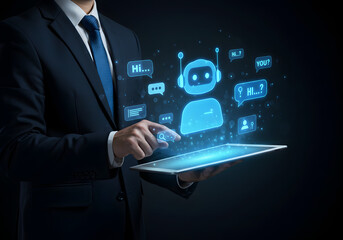 Businessman using an AI chatbot application on a tablet for automated customer service and support.