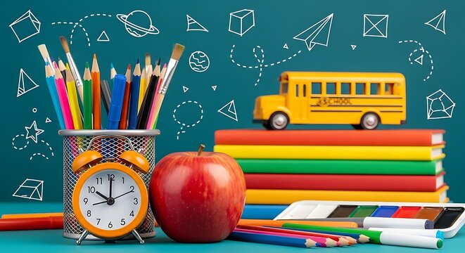 School supplies including a yellow bus apple alarm clock pencils and paint set - Powered by Adobe