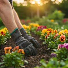 Gardener's gloved hands planting colorful pansies in rich soil at sunset