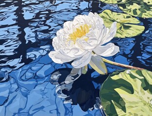 White water lily with reflections in a still pond.