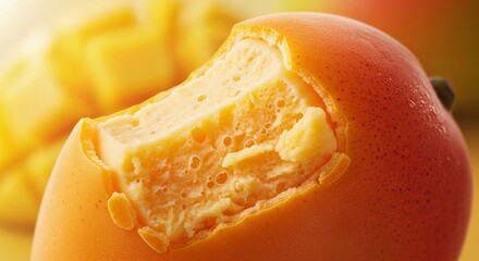 A close-up of a propitious mango ice cream shaped like a mango, with a bite taken out. The creamy texture is visible, showcasing a vibrant orange color. Fresh mango pieces are in the background.