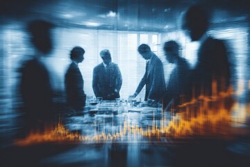 Business Meeting with Financial Chart Overlay Strategic Planning and Market Analysis in Corporate Setting