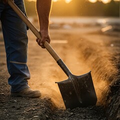 Golden Hour Construction Worker Digging Trench