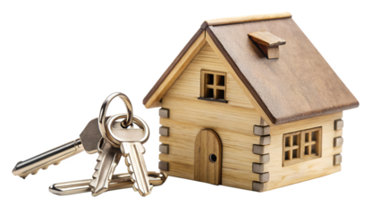 Wooden house model with keys isolated on transparent background, representing real estate, property investment, and the dream of home ownership
