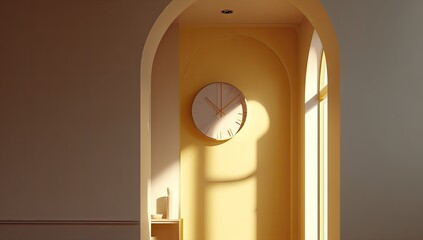 Sunlight streams through an arched doorway in a muted yellow room.