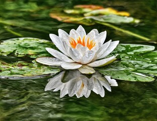 Detailed close-up of a water lily on a pond.