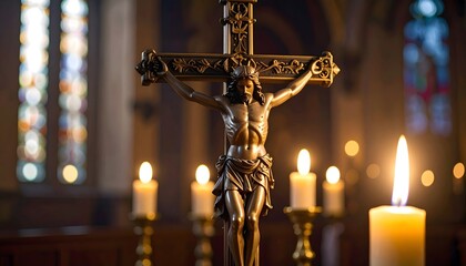 Antique religious cross with lit candles in a Catholic church