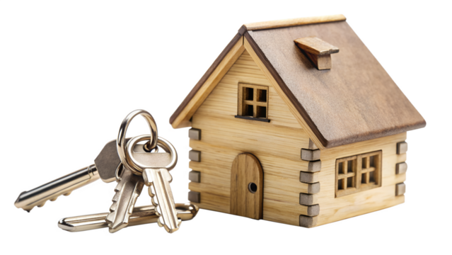 Wooden house model with keys isolated on transparent background, representing real estate, property investment, and the dream of home ownership