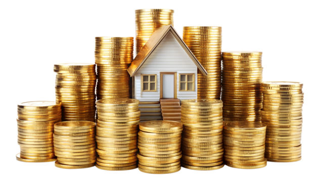 House surrounded by stacks of gold coins, symbolizing real estate investment, financial security, and wealth accumulation isolated on transparent background