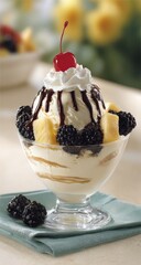 Delicious ice cream dessert with berries and pineapple.