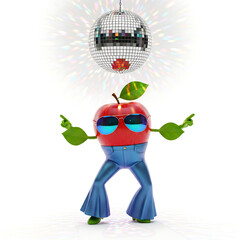 Fototapeta premium A red apple character with sunglasses and bellbottom pants dancing under a disco ball, isolated on white background