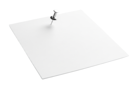 White paper sheet with a push pin cutout isolated on transparent bg, png