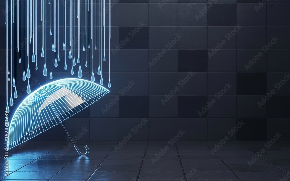 Poster digital resilience: a conceptual image of an umbrella shielding from digital rain, symbolizing prote