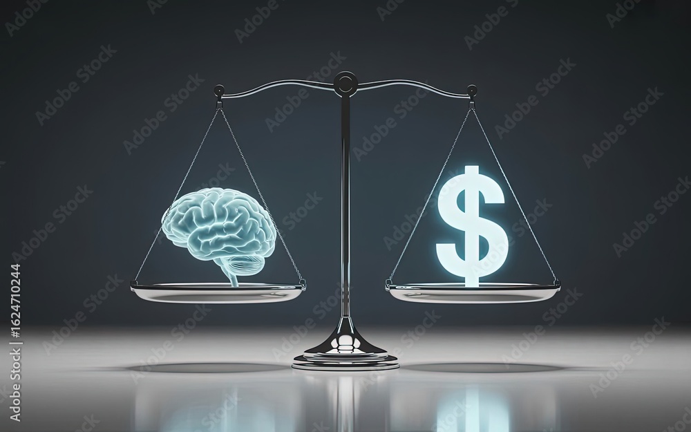 Poster mind vs. money: conceptual image of a balance scale, symbolizing the relationship between intellect 
