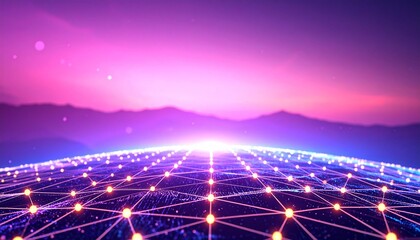 Futuristic digital grid landscape with glowing nodes and purple-pink sky