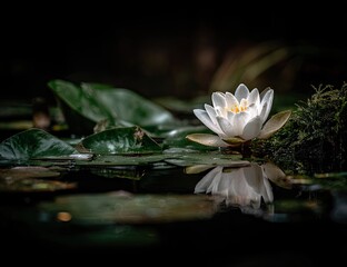 White water lily in dark pond.
