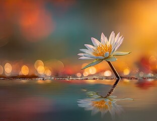 Delicate water lily in a tranquil pond at dawn.