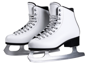 Vintage Brown Leather Ice Skates Resting on Wooden Surface, Top-Down Angle, Isolated PNG