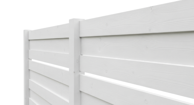 White wooden fence panel with horizontal slats cutout isolated on transparent bg, png