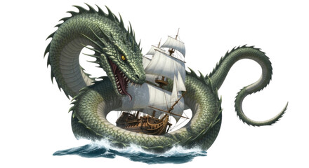 Obraz premium Sea serpent encircling a sailing ship with dramatic waves cutout isolated on transparent bg, png