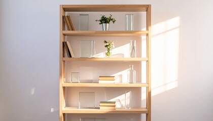 Fototapeta premium Wooden bookshelf with plants and books bathed in warm sunlight