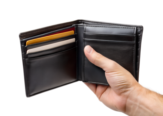 Close up of a mans hand holding an open black leather wallet with credit cards isolated on transparent background