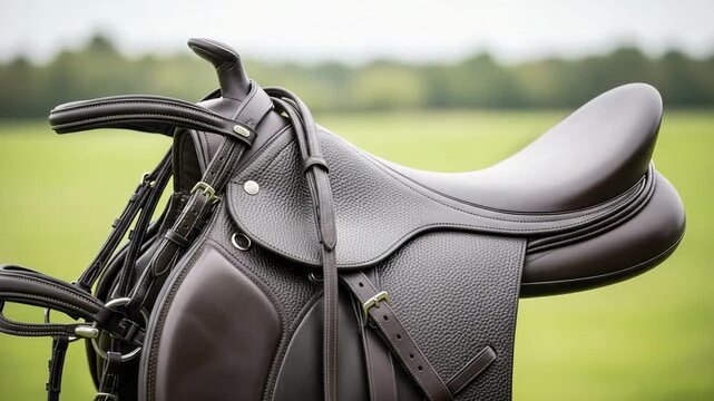 Close-up of a brown leather English horse saddle. Equestrian tack and equipment outdoors on a green field.
