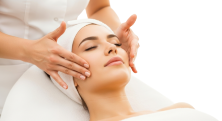 Woman enjoying a relaxing facial treatment in a spa, cutout isolated on transparent bg, png