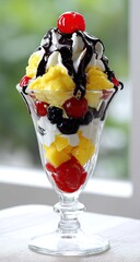 Colorful ice cream sundae in a glass dish.