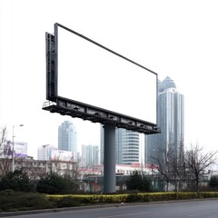 Empty Billboard in Urban Landscape with Modern Skyscrapers Background