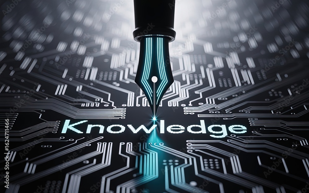 Poster digital knowledge: a digital pen gracefully poised above a circuit board etched with the word knowle