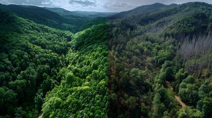 Obraz premium Aerial View of Lush Green Forest and Deforested Area on Mountain