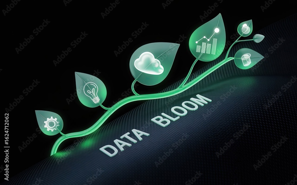 Poster data bloom: a metaphorical visualization, the image depicts the growth and expansion of data, with s